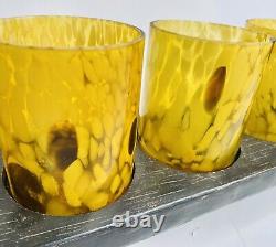 Wood 5 Candle Holder Distressed Centerpiece Tortoise Shell Hand Blown Glass