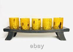 Wood 5 Candle Holder Distressed Centerpiece Tortoise Shell Hand Blown Glass