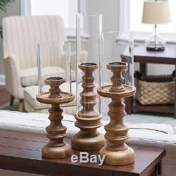 Wooden Candle Holders Set of 3 Pillars Curved Crafted Natural Finish Oversized