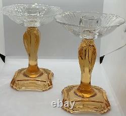 X 2 Fostoria Crystal Amber Morning Glory Candlestick 1931-1935 Sold Separately