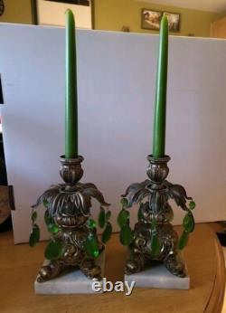 X 2 Vintage Hollywood Regency Ornate Brass Candlestick Holders Green WithCandles