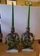 X 2 Vintage Hollywood Regency Ornate Brass Candlestick Holders Green Withcandles