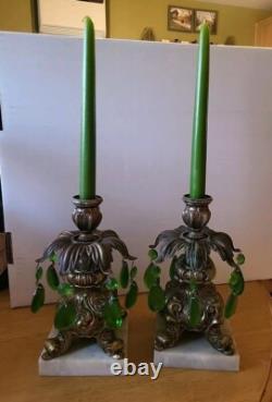 X 2 Vintage Hollywood Regency Ornate Brass Candlestick Holders Green WithCandles