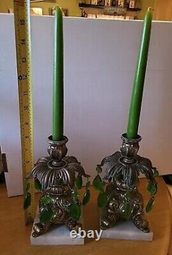 X 2 Vintage Hollywood Regency Ornate Brass Candlestick Holders Green WithCandles