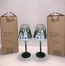 YANKEE CANDLE Winter Village2 Lamp Stem Tealight Holders Green/White Glass NWT