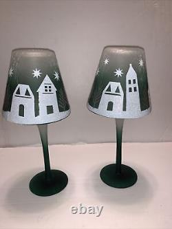 YANKEE CANDLE Winter Village2 Lamp Stem Tealight Holders Green/White Glass NWT