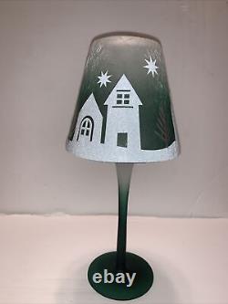 YANKEE CANDLE Winter Village2 Lamp Stem Tealight Holders Green/White Glass NWT