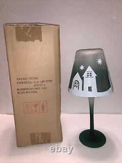 YANKEE CANDLE Winter Village2 Lamp Stem Tealight Holders Green/White Glass NWT