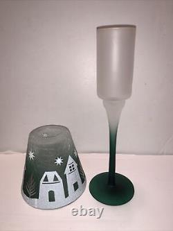 YANKEE CANDLE Winter Village2 Lamp Stem Tealight Holders Green/White Glass NWT