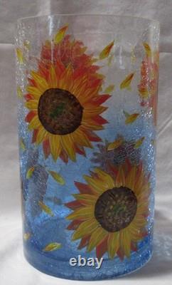 Yankee Candle Blue Colored Crackle Large Jar Holder J/H Fall SUNFLOWERS Floral