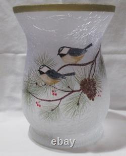 Yankee Candle Frosted Hurricane Large Jar Holder J/H Blue WINTER BIRDS branch
