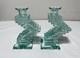 Yehuda Parmat Uda Aqua Teal Stacked Art Glass Candle Holders Pair Signed Mcm