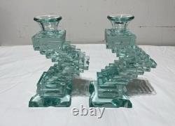Yehuda Parmat Uda Aqua Teal Stacked Art Glass Candle Holders Pair Signed MCM Yehuda Parmat Uda Aqua Teal Stacked Art Glass Candle Holders Pair Signed MCM