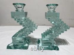 Yehuda Parmat Uda Aqua Teal Stacked Art Glass Candle Holders Pair Signed MCM Yehuda Parmat Uda Aqua Teal Stacked Art Glass Candle Holders Pair Signed MCM