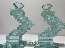 Yehuda Parmat Uda Aqua Teal Stacked Art Glass Candle Holders Pair Signed MCM Yehuda Parmat Uda Aqua Teal Stacked Art Glass Candle Holders Pair Signed MCM