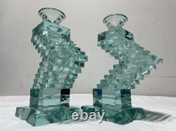 Yehuda Parmat Uda Aqua Teal Stacked Art Glass Candle Holders Pair Signed MCM Yehuda Parmat Uda Aqua Teal Stacked Art Glass Candle Holders Pair Signed MCM