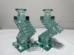Yehuda Parmat Uda Aqua Teal Stacked Art Glass Candle Holders Pair Signed MCM Yehuda Parmat Uda Aqua Teal Stacked Art Glass Candle Holders Pair Signed MCM