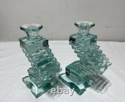 Yehuda Parmat Uda Aqua Teal Stacked Art Glass Candle Holders Pair Signed MCM Yehuda Parmat Uda Aqua Teal Stacked Art Glass Candle Holders Pair Signed MCM