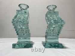 Yehuda Parmat Uda Aqua Teal Stacked Art Glass Candle Holders Pair Signed MCM Yehuda Parmat Uda Aqua Teal Stacked Art Glass Candle Holders Pair Signed MCM