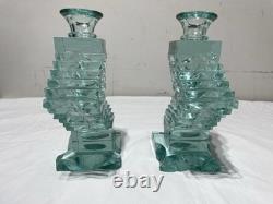 Yehuda Parmat Uda Aqua Teal Stacked Art Glass Candle Holders Pair Signed MCM Yehuda Parmat Uda Aqua Teal Stacked Art Glass Candle Holders Pair Signed MCM