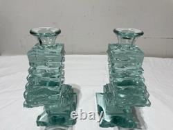 Yehuda Parmat Uda Aqua Teal Stacked Art Glass Candle Holders Pair Signed MCM Yehuda Parmat Uda Aqua Teal Stacked Art Glass Candle Holders Pair Signed MCM