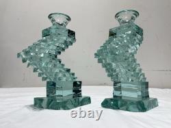 Yehuda Parmat Uda Aqua Teal Stacked Art Glass Candle Holders Pair Signed MCM Yehuda Parmat Uda Aqua Teal Stacked Art Glass Candle Holders Pair Signed MCM