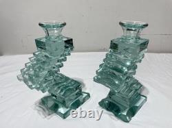 Yehuda Parmat Uda Aqua Teal Stacked Art Glass Candle Holders Pair Signed MCM Yehuda Parmat Uda Aqua Teal Stacked Art Glass Candle Holders Pair Signed MCM
