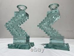 Yehuda Parmat Uda Aqua Teal Stacked Art Glass Candle Holders Pair Signed MCM Yehuda Parmat Uda Aqua Teal Stacked Art Glass Candle Holders Pair Signed MCM