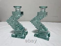 Yehuda Parmat Uda Aqua Teal Stacked Art Glass Candle Holders Pair Signed MCM Yehuda Parmat Uda Aqua Teal Stacked Art Glass Candle Holders Pair Signed MCM