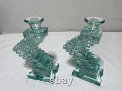 Yehuda Parmat Uda Aqua Teal Stacked Art Glass Candle Holders Pair Signed MCM Yehuda Parmat Uda Aqua Teal Stacked Art Glass Candle Holders Pair Signed MCM