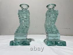Yehuda Parmat Uda Aqua Teal Stacked Art Glass Candle Holders Pair Signed MCM Yehuda Parmat Uda Aqua Teal Stacked Art Glass Candle Holders Pair Signed MCM