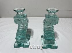 Yehuda Parmat Uda Aqua Teal Stacked Art Glass Candle Holders Pair Signed MCM Yehuda Parmat Uda Aqua Teal Stacked Art Glass Candle Holders Pair Signed MCM