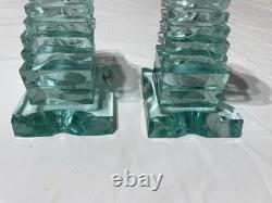 Yehuda Parmat Uda Aqua Teal Stacked Art Glass Candle Holders Pair Signed MCM Yehuda Parmat Uda Aqua Teal Stacked Art Glass Candle Holders Pair Signed MCM
