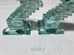 Yehuda Parmat Uda Aqua Teal Stacked Art Glass Candle Holders Pair Signed MCM Yehuda Parmat Uda Aqua Teal Stacked Art Glass Candle Holders Pair Signed MCM