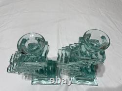 Yehuda Parmat Uda Aqua Teal Stacked Art Glass Candle Holders Pair Signed MCM Yehuda Parmat Uda Aqua Teal Stacked Art Glass Candle Holders Pair Signed MCM