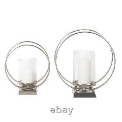 Zimlay Round Silver Aluminum And Glass Hurricane Set Of 2 Candle Holders 80734