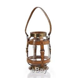 Zodax BAR-497 Equestrian Leather, Glass, and Brass Hurricane Candle Holder